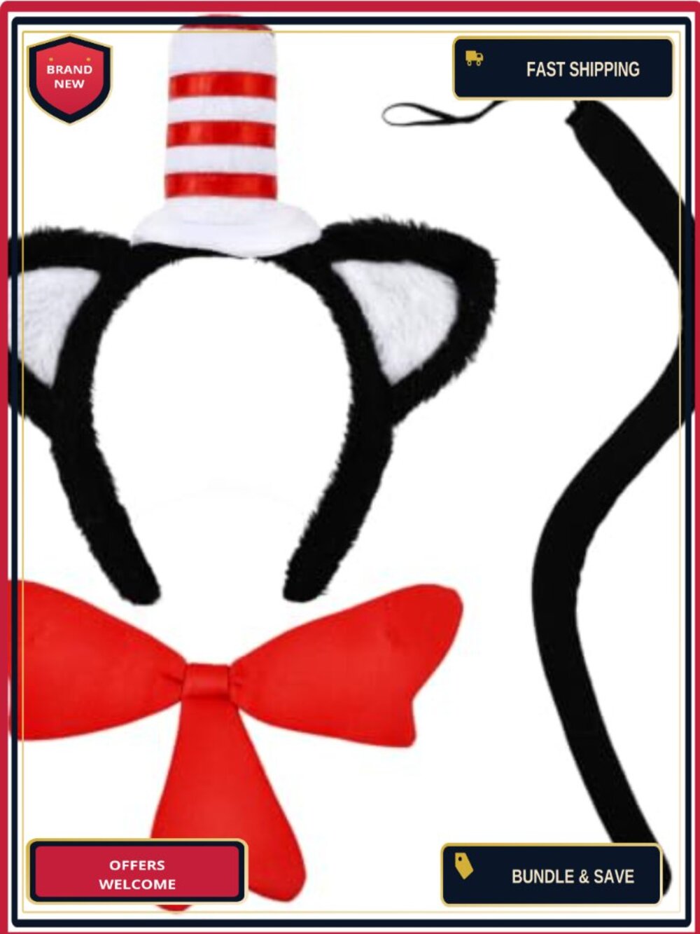 Cat Costume Set 3 Piece Plush Headband Bow Tie Tail One Size Fits All Cosplay